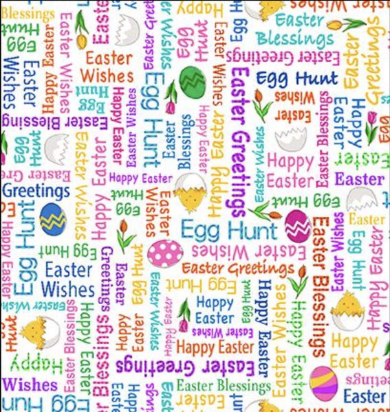 Hoppy Easter Easter Words 30914 White Z - by QT Fabrics - Spring Egg Hunt Text Phrases  - Quilting Cotton Fabric