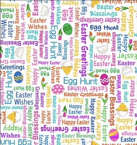 Hoppy Easter Easter Words 30914 White Z - by QT Fabrics - Spring Egg Hunt Text Phrases  - Quilting Cotton Fabric