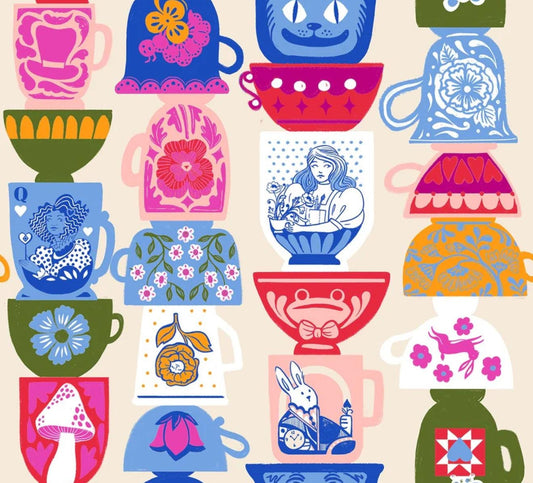 Hello Alice Tea RS2122 Shell - Moda Fabrics - Teacups Mugs Novelty Houseware - Ru- Star - Quilting Cotton Fabric