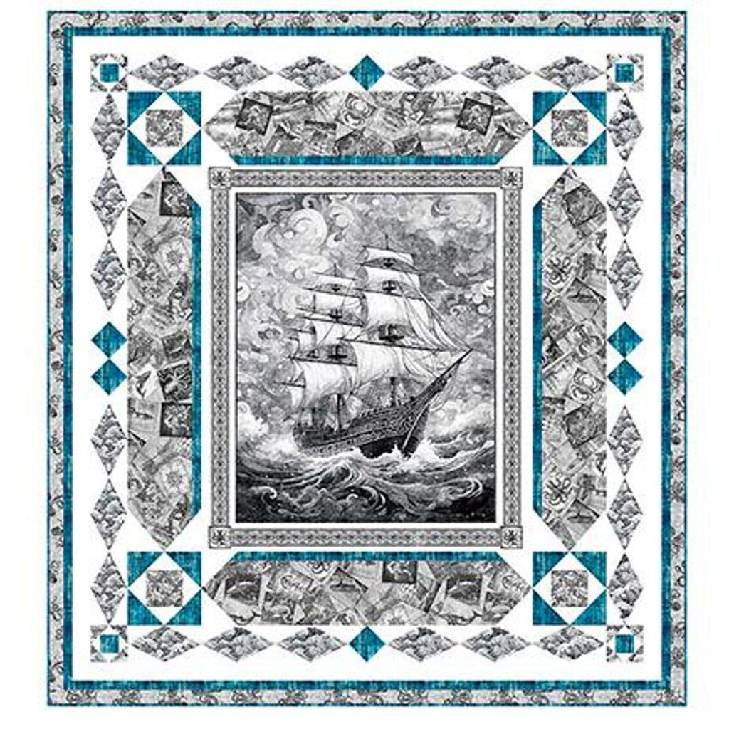 SALE Ocean Blues Sea Worthy Gray Quilt Kit - QT Fabrics - Pattern Fabric - Ocean Water Sea Boat - Quilting Cotton Fabric