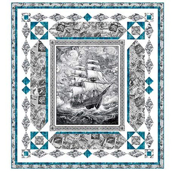 SALE Ocean Blues Sea Worthy Gray Quilt Kit - QT Fabrics - Pattern Fabric - Ocean Water Sea Boat - Quilting Cotton Fabric