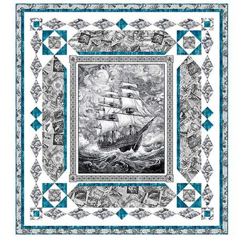 SALE Ocean Blues Sea Worthy Gray Quilt Kit - QT Fabrics - Pattern Fabric - Ocean Water Sea Boat - Quilting Cotton Fabric
