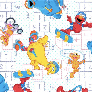Fat Quarter End of Bolt - Sesame Street Hopscotch White Elmo Fabric - 28548 - QT Fabrics Quilting Cotton Fabric - Licensed Product