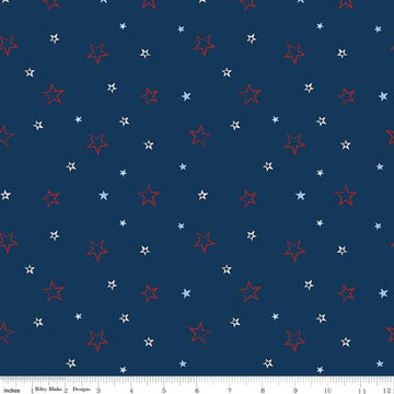 Image of American Honor Stars Blue quilting cotton fabric by Vicki Gifford for Riley Blake Designs. Features stars on a blue background. Cute Little Fabric Shop