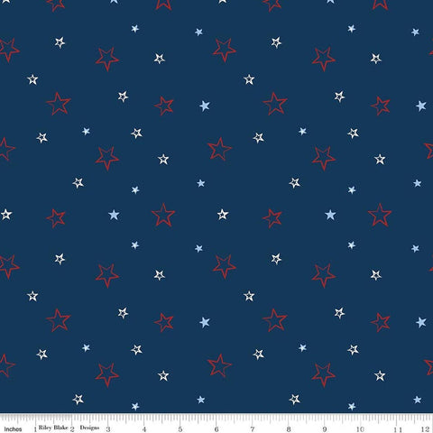 Image of American Honor Stars Blue quilting cotton fabric by Vicki Gifford for Riley Blake Designs. Features stars on a blue background. Cute Little Fabric Shop