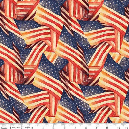 Image of American Honor Flags Multi quilting cotton fabric by Vicki Gifford for Riley Blake Designs. Features flags on a red background. Cute Little Fabric Shop