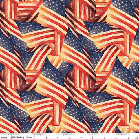 Image of American Honor Flags Multi quilting cotton fabric by Vicki Gifford for Riley Blake Designs. Features flags on a red background. Cute Little Fabric Shop