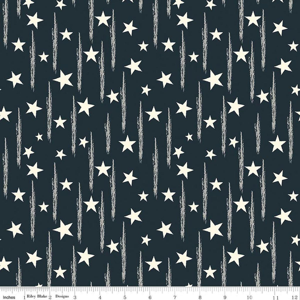 Image of American Honor Stars & Stripes Navy quilting cotton fabric by Vicki Gifford for Riley Blake Designs. Features stars on a blue background. Cute Little Fabric Shop