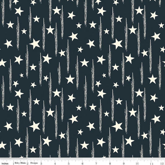 Image of American Honor Stars & Stripes Navy quilting cotton fabric by Vicki Gifford for Riley Blake Designs. Features stars on a blue background. Cute Little Fabric Shop