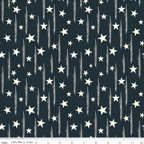 Image of American Honor Stars & Stripes Navy quilting cotton fabric by Vicki Gifford for Riley Blake Designs. Features stars on a blue background. Cute Little Fabric Shop