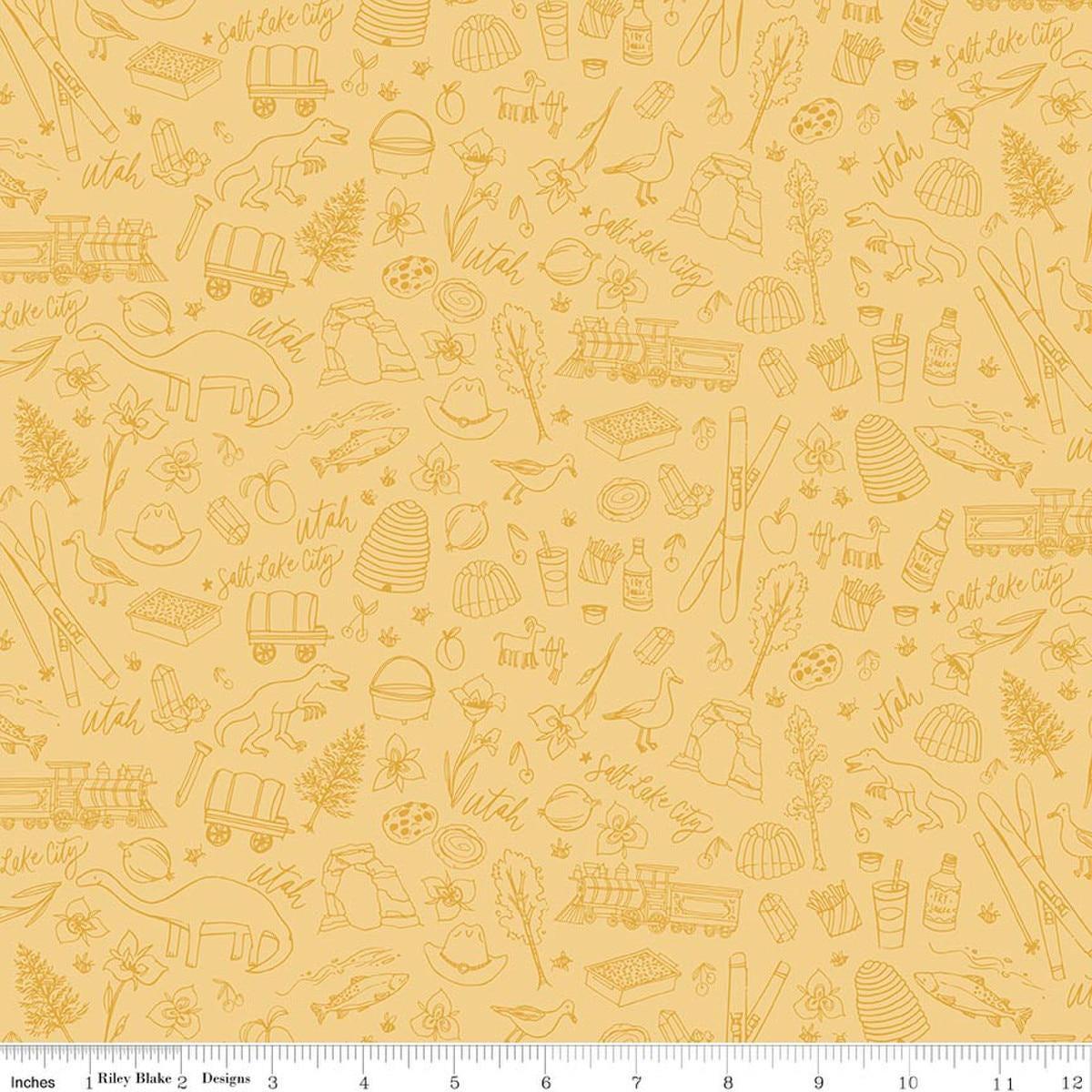 Image of Utah Tonal Yellow quilting cotton fabric by Kelsey Carlson for Riley Blake Designs. Features state treasures on a yellow background. Cute Little Fabric Shop