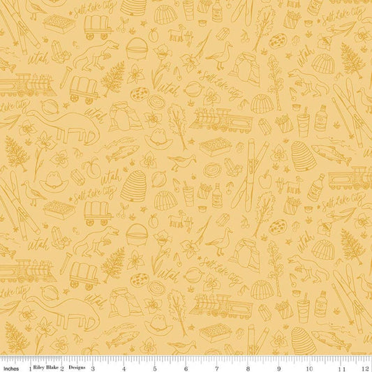 Image of Utah Tonal Yellow quilting cotton fabric by Kelsey Carlson for Riley Blake Designs. Features state treasures on a yellow background. Cute Little Fabric Shop