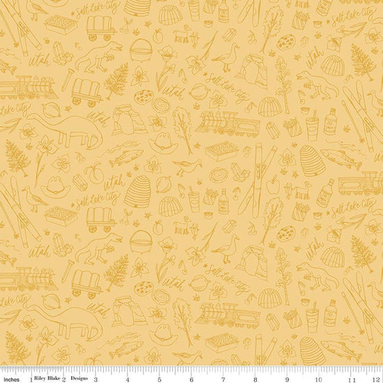 Image of Utah Tonal Yellow quilting cotton fabric by Kelsey Carlson for Riley Blake Designs. Features state treasures on a yellow background. Cute Little Fabric Shop