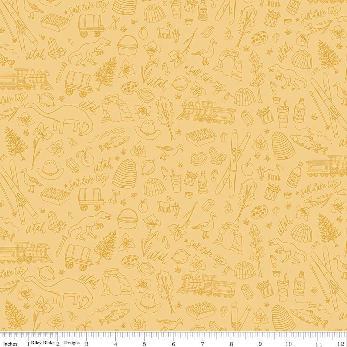 Image of Utah Tonal Yellow quilting cotton fabric by Kelsey Carlson for Riley Blake Designs. Features state treasures on a yellow background. Cute Little Fabric Shop