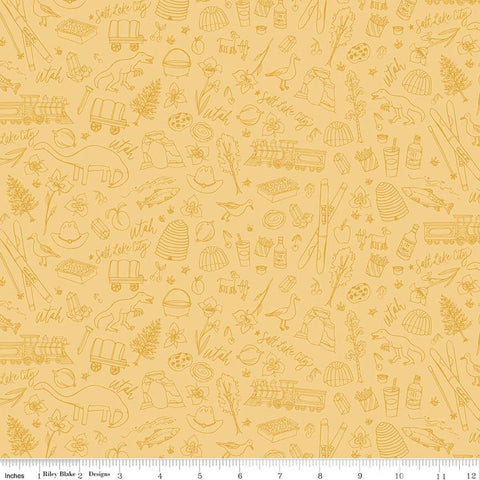 Image of Utah Tonal Yellow quilting cotton fabric by Kelsey Carlson for Riley Blake Designs. Features state treasures on a yellow background. Cute Little Fabric Shop