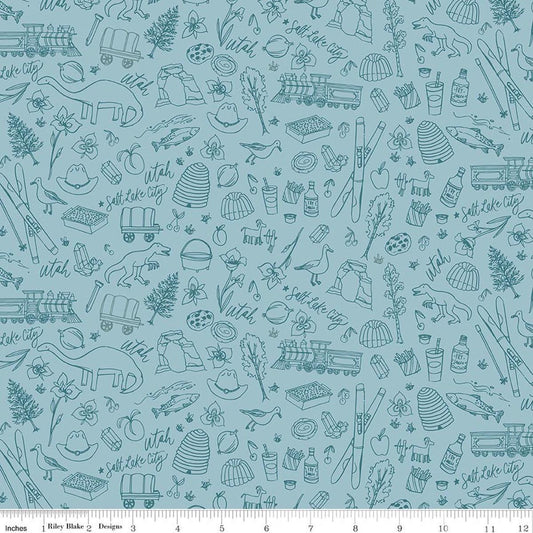 Image of Utah Tonal Blue quilting cotton fabric by Kelsey Carlson for Riley Blake Designs. Features state treasures on a blue background. Cute Little Fabric Shop