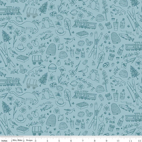 Image of Utah Tonal Blue quilting cotton fabric by Kelsey Carlson for Riley Blake Designs. Features state treasures on a blue background. Cute Little Fabric Shop