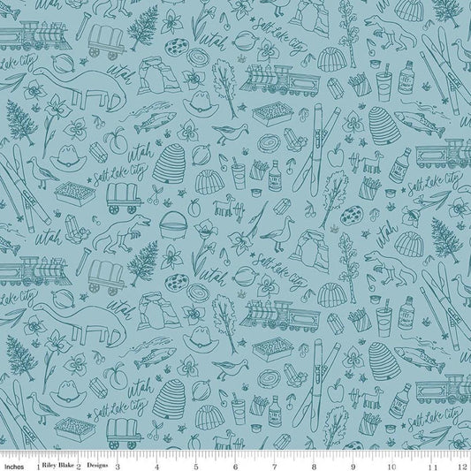 Image of Utah Tonal Blue quilting cotton fabric by Kelsey Carlson for Riley Blake Designs. Features state treasures on a blue background. Cute Little Fabric Shop