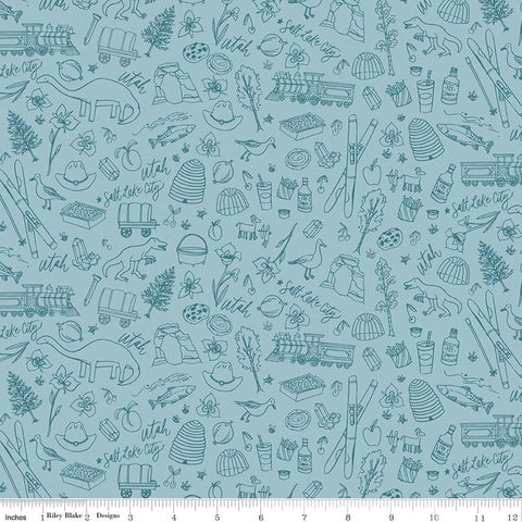 Image of Utah Tonal Blue quilting cotton fabric by Kelsey Carlson for Riley Blake Designs. Features state treasures on a blue background. Cute Little Fabric Shop