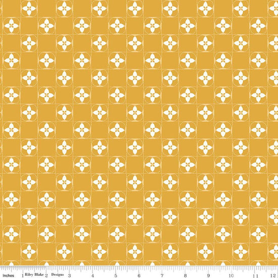 Image of Utah Quilt Squares Gold quilting cotton fabric by Kelsey Carlson for Riley Blake Designs. Features floral blocks on a yellow background. Cute Little Fabric Shop