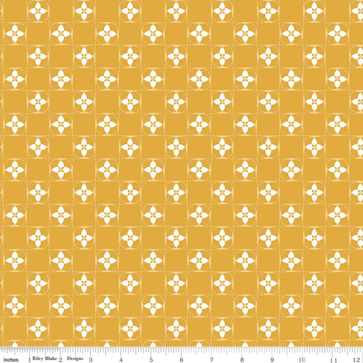Image of Utah Quilt Squares Gold quilting cotton fabric by Kelsey Carlson for Riley Blake Designs. Features floral blocks on a yellow background. Cute Little Fabric Shop
