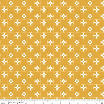 Image of Utah Quilt Squares Gold quilting cotton fabric by Kelsey Carlson for Riley Blake Designs. Features floral blocks on a yellow background. Cute Little Fabric Shop