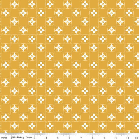Image of Utah Quilt Squares Gold quilting cotton fabric by Kelsey Carlson for Riley Blake Designs. Features floral blocks on a yellow background. Cute Little Fabric Shop