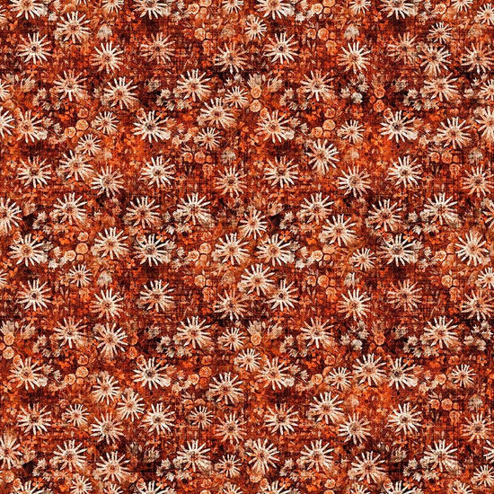 Image of Sugar, Spice, Everything Nice Geo Flower Paprika quilting cotton fabric by Morris Creative Group for QT Fabrics. Features flowers on an orange background. Cute Little Fabric Shop