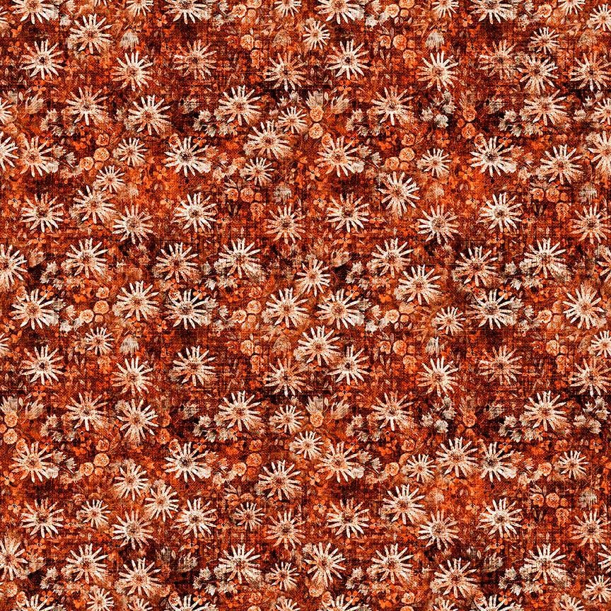 Image of Sugar, Spice, Everything Nice Geo Flower Paprika quilting cotton fabric by Morris Creative Group for QT Fabrics. Features flowers on an orange background. Cute Little Fabric Shop