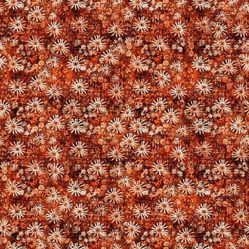 Image of Sugar, Spice, Everything Nice Geo Flower Paprika quilting cotton fabric by Morris Creative Group for QT Fabrics. Features flowers on an orange background. Cute Little Fabric Shop