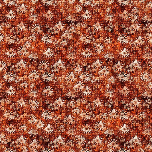 Image of Sugar, Spice, Everything Nice Geo Flower Paprika quilting cotton fabric by Morris Creative Group for QT Fabrics. Features flowers on an orange background. Cute Little Fabric Shop