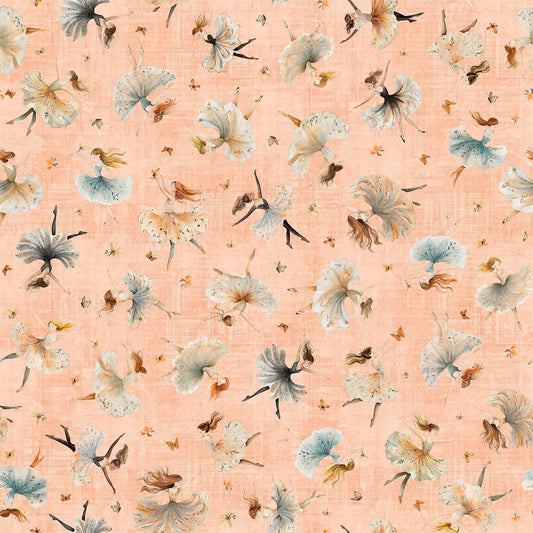 Image of Sugar, Spice, Everything Nice Dancers Peach quilting cotton fabric by Morris Creative Group for QT Fabrics. Features dancers on an orange background. Cute Little Fabric Shop
