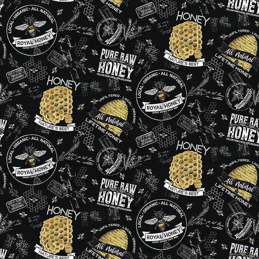 Fat Quarter End of Bolt - SALE Bee's Life Main C10100 Black - Riley Blake - Beehive Honeycomb Honey Bees Text Words - Quilting Cotton Fabric