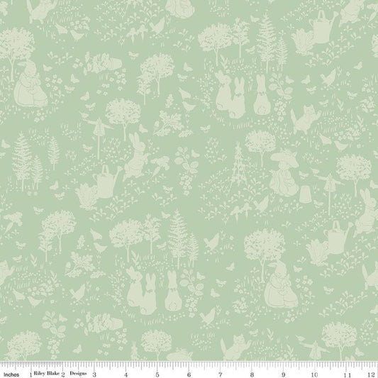 Image of Peter Rabbit and Benjamin Bunny Tonal Garden Green licensed quilting cotton fabric by the RBD Designers for Riley Blake Designs. Features plants and bunnies on a green background. Cute Little Fabric Shop