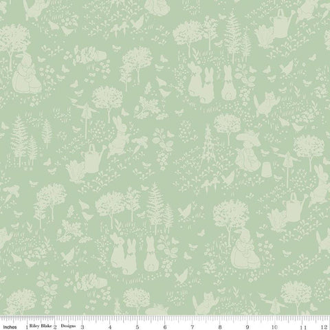 Image of Peter Rabbit and Benjamin Bunny Tonal Garden Green licensed quilting cotton fabric by the RBD Designers for Riley Blake Designs. Features plants and bunnies on a green background. Cute Little Fabric Shop