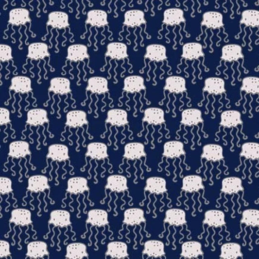CLEARANCE Nautilus Dancing Jellyfish CX10400 Navy - Michael Miller Fabrics - Children's Ocean Undersea Blue - Quilting Cotton Fabric