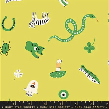 SALE Ooh Lucky Lucky Good Luck RS4113 Citron - Moda Fabrics - Novelty Cat Fish Snake - Ru- Star Society - Quilting Cotton Fabric