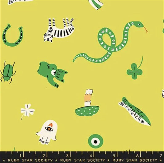 SALE Ooh Lucky Lucky Good Luck RS4113 Citron - Moda Fabrics - Novelty Cat Fish Snake - Ru- Star Society - Quilting Cotton Fabric