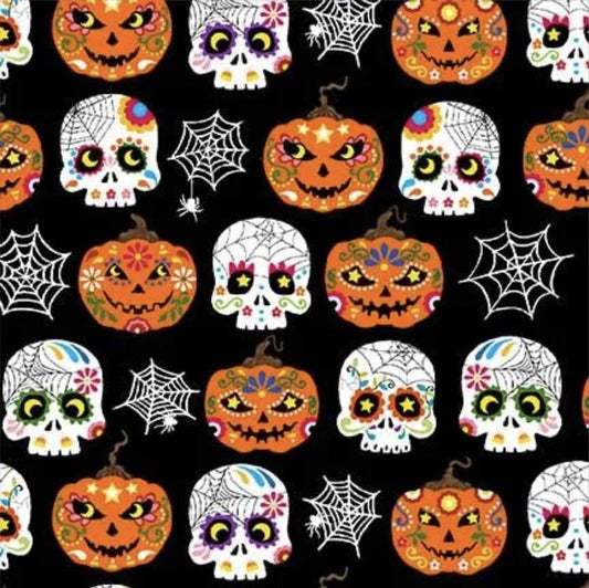 SALE Trick or Treat Ghastly Greetings CX10334 Black - Jack O Lantern Skull - Michael Miller - Quilting Cotton Fabric