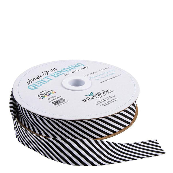 Single-Fold Quilt Binding 1/8" Stripe STSFB-48802 Black - RBD Designers - Riley Blake Designs - 2 1/2" Bias Binding
