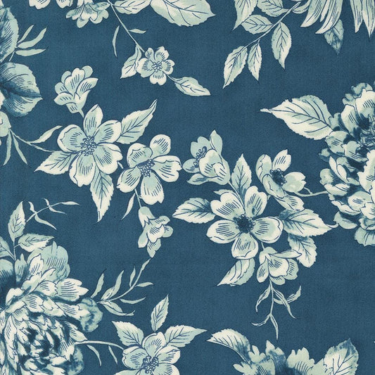 SALE Sandalwood Camellia 44381 Indigo - Moda Fabrics - Floral Flowers Blossoms Petals Leaves Leaf - Quilting Cotton Fabric