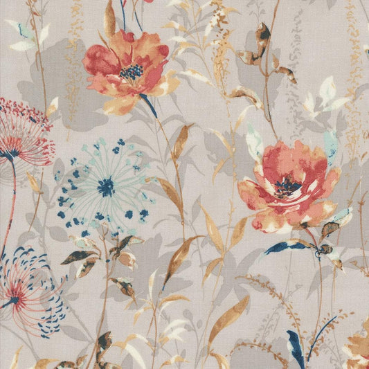 SALE Sandalwood Meadow 44380 Moonbeam - Moda Fabrics - Flowers Floral Blossoms Leaves Leaf Stems - Quilting Cotton Fabric