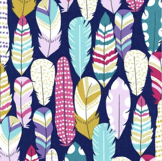 SALE Arrow Flight Plucked Midnight - Michael Miller - Navy Blue Feathers Metallic Gold  - Quilting Cotton Fabric