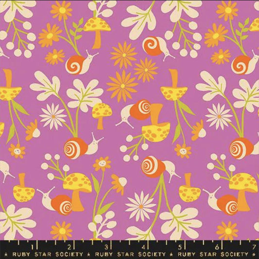 Animal Animal Snail RS5163 Heliotrope - Moda Fabrics - Retro Snails Floral Flowers Mushroom - Ru- Star Society - Cotton Fabric