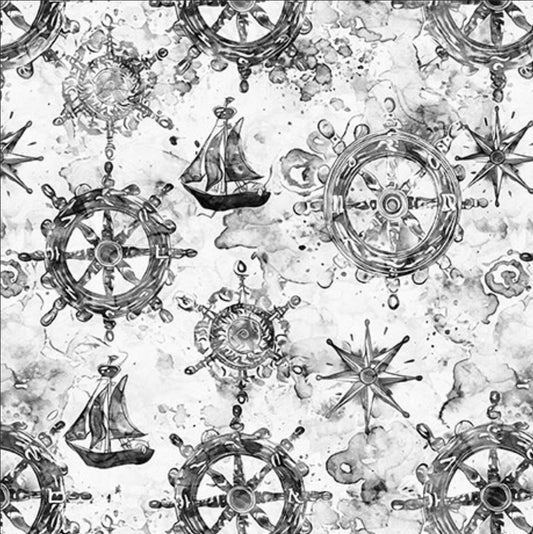 MINKY Ocean Blues Ship Wheels 60" Wide 30860 Gray K - QT Fabrics - Ocean Sailing Gray Illustrated - 100% Polyester