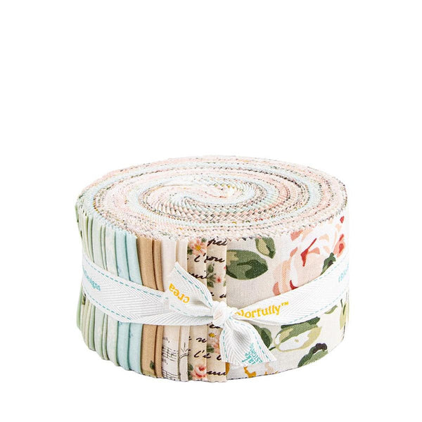 A roll of fabric with a floral pattern, tied with a white ribbon.