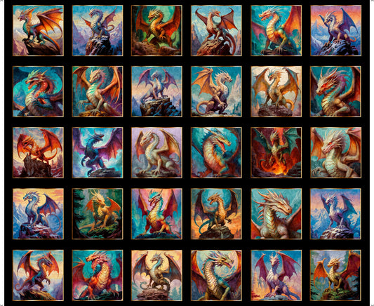 Dragon's Song Dragon Blocks 31150 Black J Panel - QT Fabrics - Fantasy Medieval Fairytale - Quilting Cotton Fabric