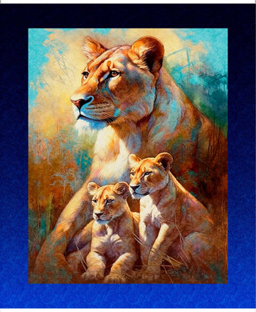 Roar Of The Pride Lioness & Cubs Panel 31391 Royal Y - QT Fabrics - Nature Large Cats Lions - Quilting Cotton Fabric