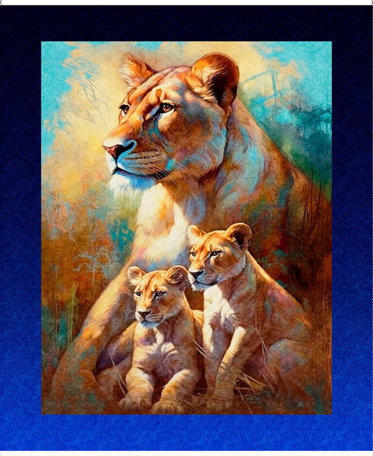 Roar Of The Pride Lioness & Cubs Panel 31391 Royal Y - QT Fabrics - Nature Large Cats Lions - Quilting Cotton Fabric