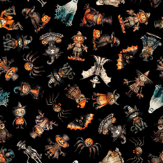 Jeepers Creepers Halloween Character Toss 31009 Black J - QT Fabric - Cat Witch Jack-O'-Lanterns - Quilting Cotton